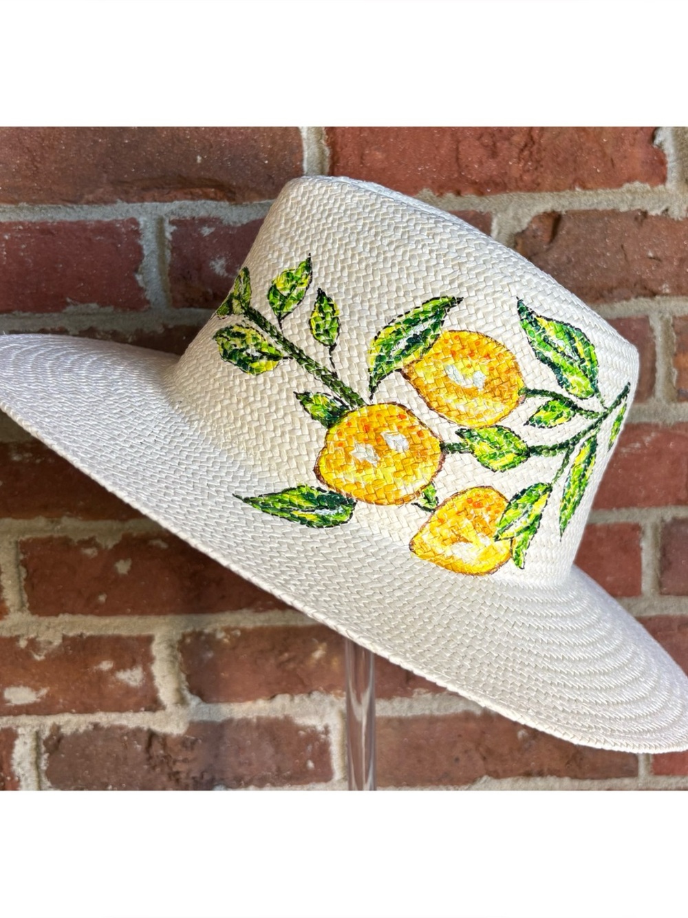NWOT ONIA Hand Painted Rosa Panama Hat In Mediterranean Lemon Branch Motif M